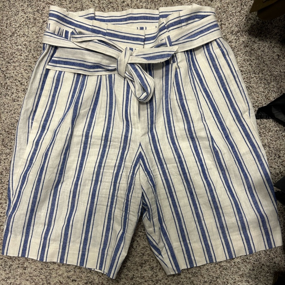 Boden Blue and White Striped Tie-Waist Linen Shorts